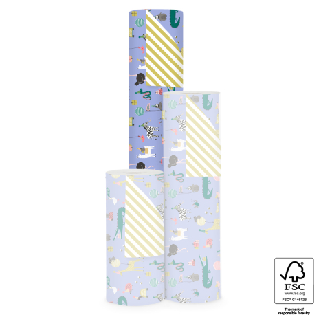 P15.340.070 Inpakpapier - Party Animals Blue - Stripe Yellow