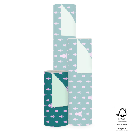 P35.320.030 X-mas Inpakpapier - Tree Jade Green/Pink - Pastel Mint