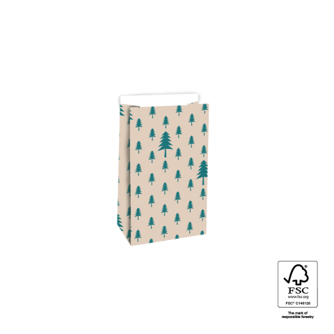 P39.706.012 X-mas Blokbodemzakken - Trees Beige/Jade Green - 12 x 7 x 19 cm