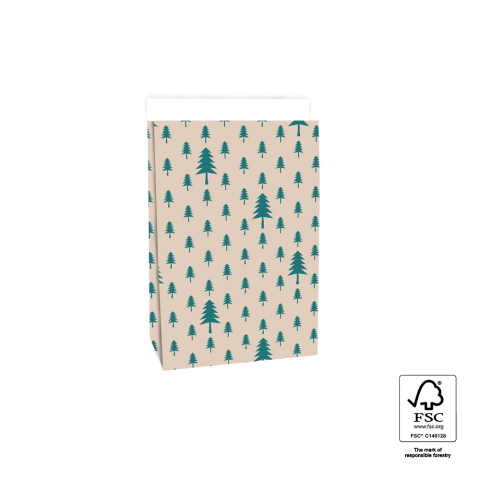 P39.706.017 X-mas Blokbodemzakken - Trees Beige/Jade Green - 17 x 10 x 25 cm