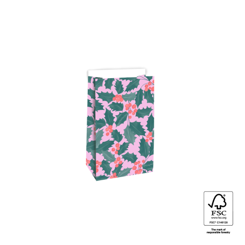 P39.707.012 X-mas Blokbodemzakken - Holly Leaves - 12 x 7 x 19 cm