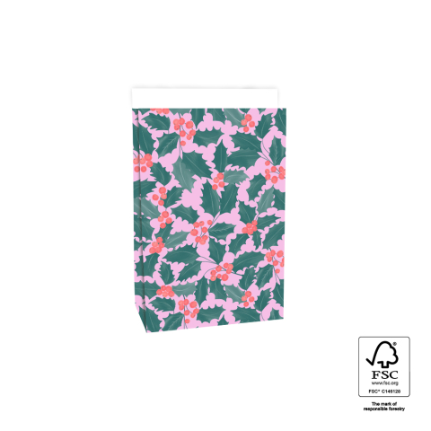 P39.707.017 X-mas Blokbodemzakken - Holly Leaves - 17 x 10 x 25 cm