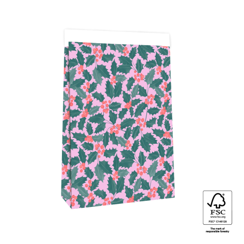 P39.707.027 X-mas Blokbodemzakken - Holly Leaves - 27 x 15 x 34 cm