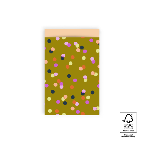 P43.282.012 Cadeauzakjes - Party Confetti Olive - Peach - 12 x 19 cm