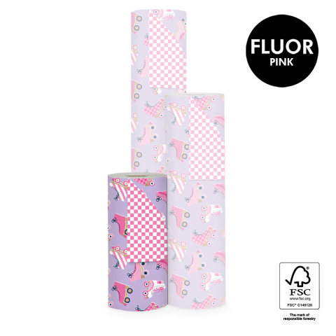 P15.089.030 Inpakpapier - Roller Skates Lilac - Check Flamingo Pink
