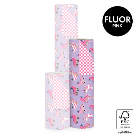 P15.089.050 Inpakpapier - Roller Skates Lilac - Check Flamingo Pink