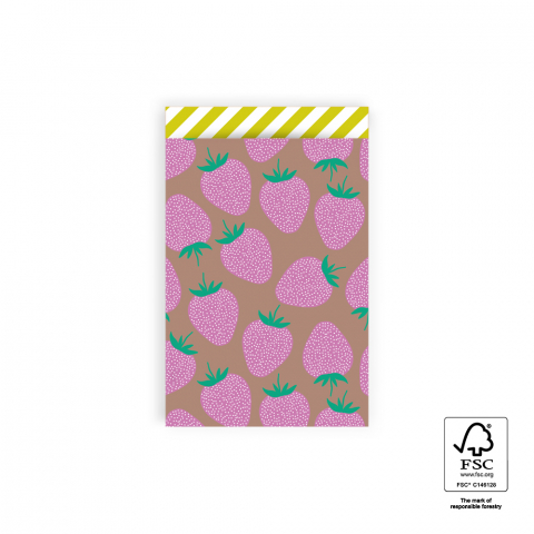 P43.147.012 Cadeauzakjes - Strawberry Pink/Taupe - Stripe Yellow - 12 x 19 cm