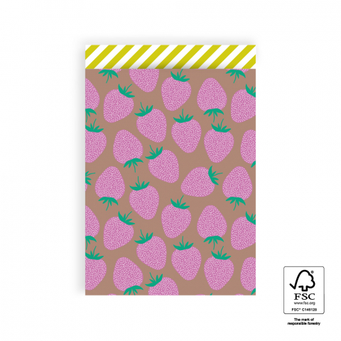 P43.147.017 Cadeauzakjes - Strawberry Pink/Taupe - Stripe Yellow - 17 x 25 cm