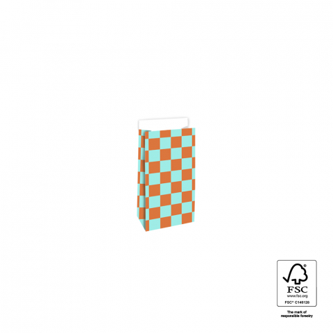 P44.055.007 Blokbodemzakken - Check Deep Orange/Mint - 7 x 4 x 13 cm